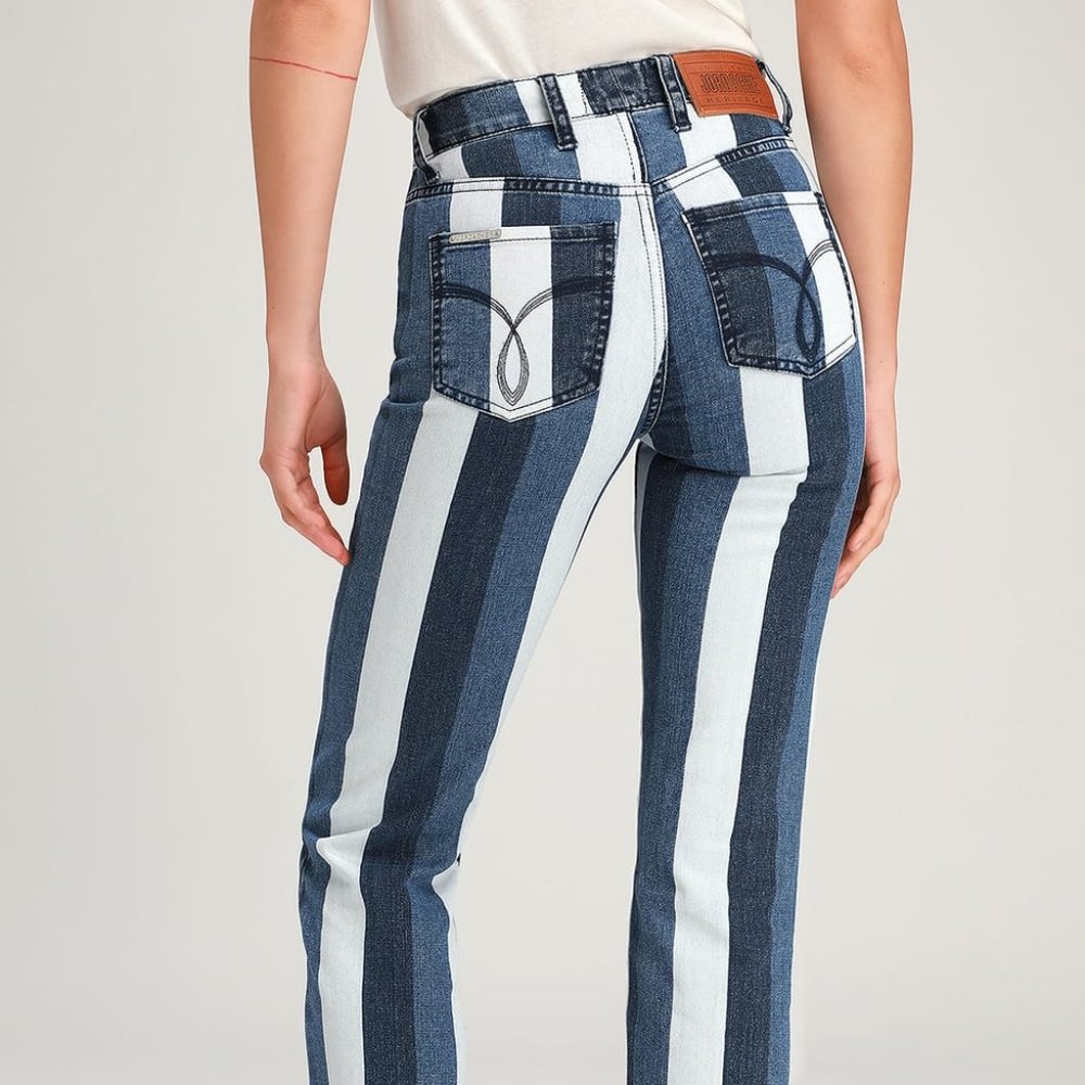 Blue Multi Stripe High-Waisted Straight Leg Jeans!